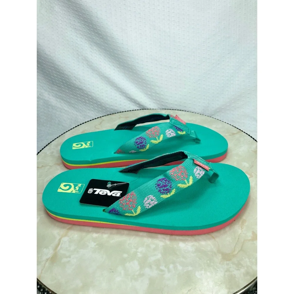 Teva Mush II Floral Embroidered Flip Flop Sandals Kids 6 Teal Green Summer Chic